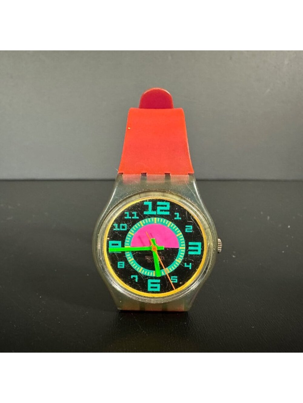 Vintage 1989 Swatch AG Gent GREEN ROOM Watch GN103 Neon Pink Green NEEDS BATTERY